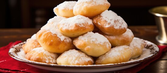 Traditional Colombian BuÃ±uelos Festive Treats for Holiday Celebrations with Powdered Sugar on a Plate