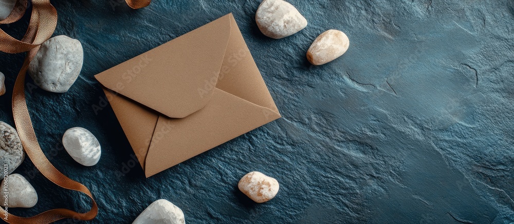 Poster greeting card mockup with envelope ribbon and stones on textured backdrop viewed from above with amp