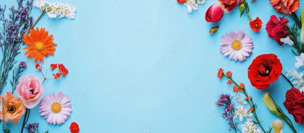 Poster colorful floral border in flat lay style on blue background with ample space for text and design ele