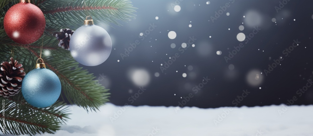 Poster winter holiday greeting card design featuring shiny ornaments and conifer branches with snow and bok