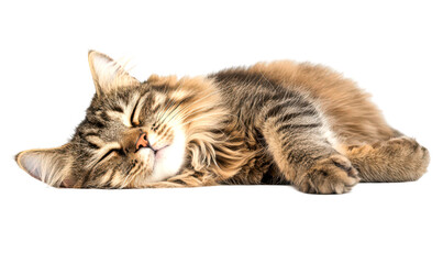 Fluffy cat sleeping peacefully on a flat surface isolate on transparent background, cutout, png