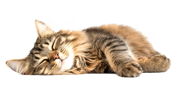 Fluffy cat sleeping peacefully on a flat surface isolate on transparent background, cutout, png
