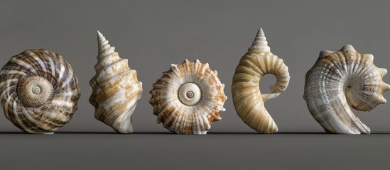 Variety of decorative sea shells displayed in a line against a muted background showcasing natural textures and colors of marine life.