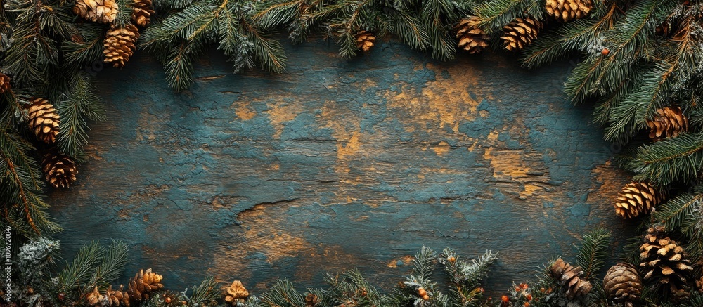 Aufkleber evergreen branches and pinecones arranged on rustic wood creating a festive christmas backdrop with 