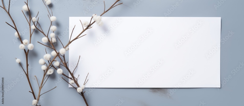 Poster minimalist flat lay design featuring twigs and a blank card for customizable messaging in a zero was