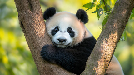 Obraz premium A panda cub climbs a tree.