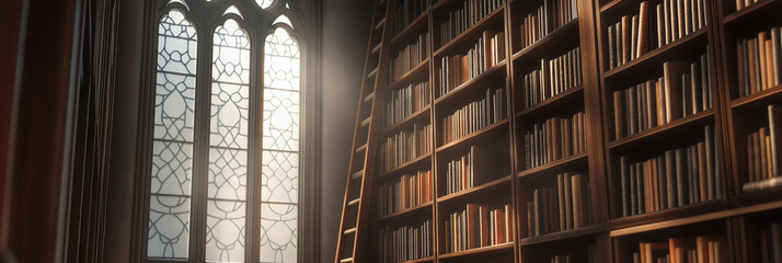 A beautiful sunlit library with towering bookshelves and an elegant ladder invites learners to explore its knowledge, emanating wisdom and tranquility.