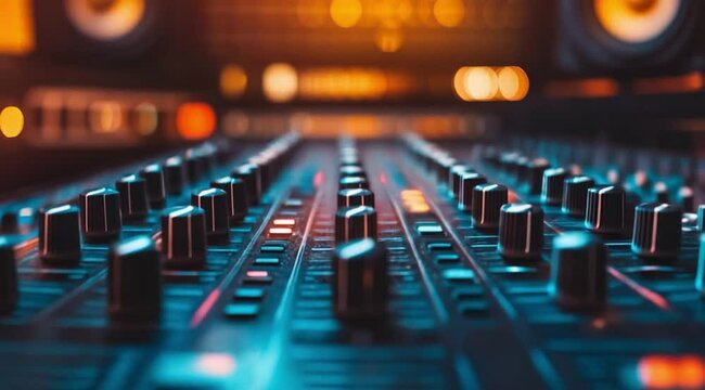 Close up view of audio mixer panel buttons, Camera slow motion with different angles