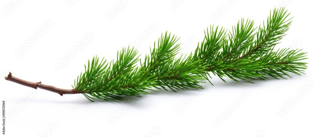 Poster artificial pine branch with vivid green needles showcasing a realistic design on a clean white backg