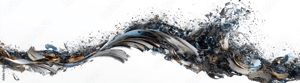 Poster a dynamic abstract representation of fluid motion with metallic textures and splashes.