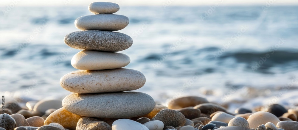 Poster stacked smooth pebbles on a tranquil beach shore with ocean waves in the background capturing sereni
