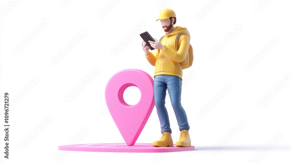 Poster a 3d character with a backpack checks a phone near a location pin symbol.