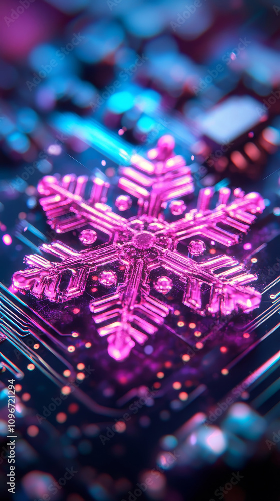 Poster a futuristic snowflake on a printed circuit board, illuminated with neon colors.