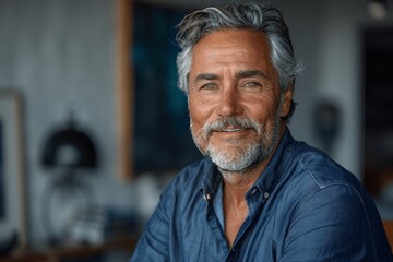 Successful mature businessman smiling in office headshot. Confident senior executive manager with gray hair wearing blue shirt. Professional mid-aged male leader standing happily