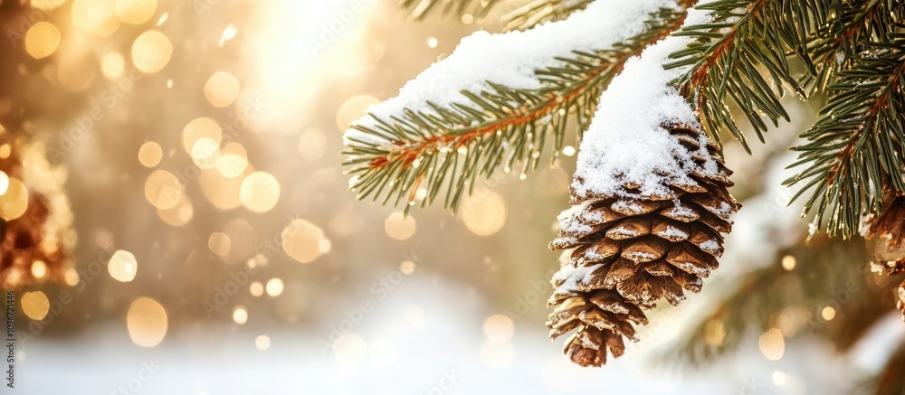 Poster snowy conifer tree branch with pine cone and soft bokeh background depicting a serene winter scene i