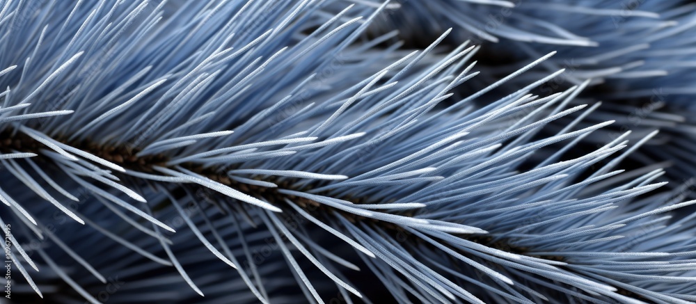 Poster close up of blue gray sharp needles from a christmas tree branch creating a serene wintry atmosphere