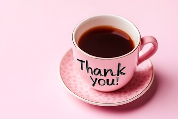 Pink coffee cup with a thank you note conveys appreciation on a matching pink background