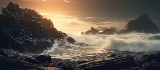 Fototapeta premium Ocean waves crashing over rugged stones at a breathtaking wild beach during sunset with dramatic lighting and scenic beauty.
