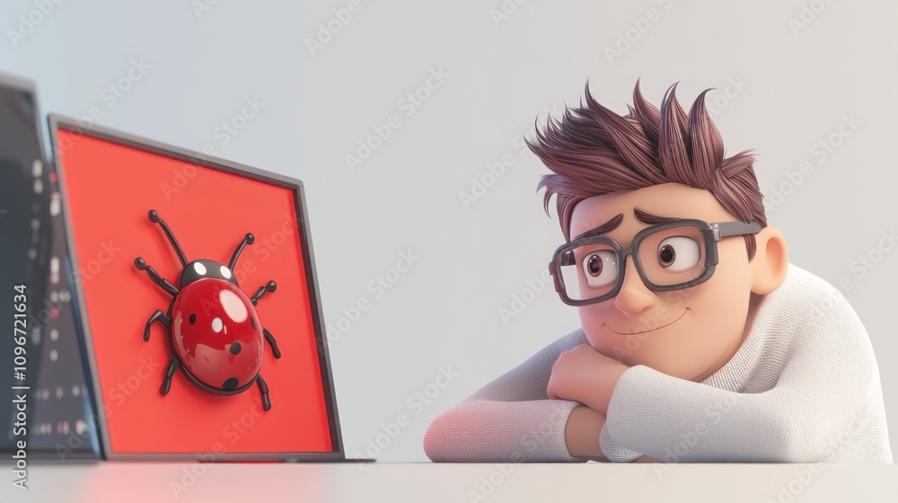 Poster A young man admires a cartoonish bug displayed on a computer screen.