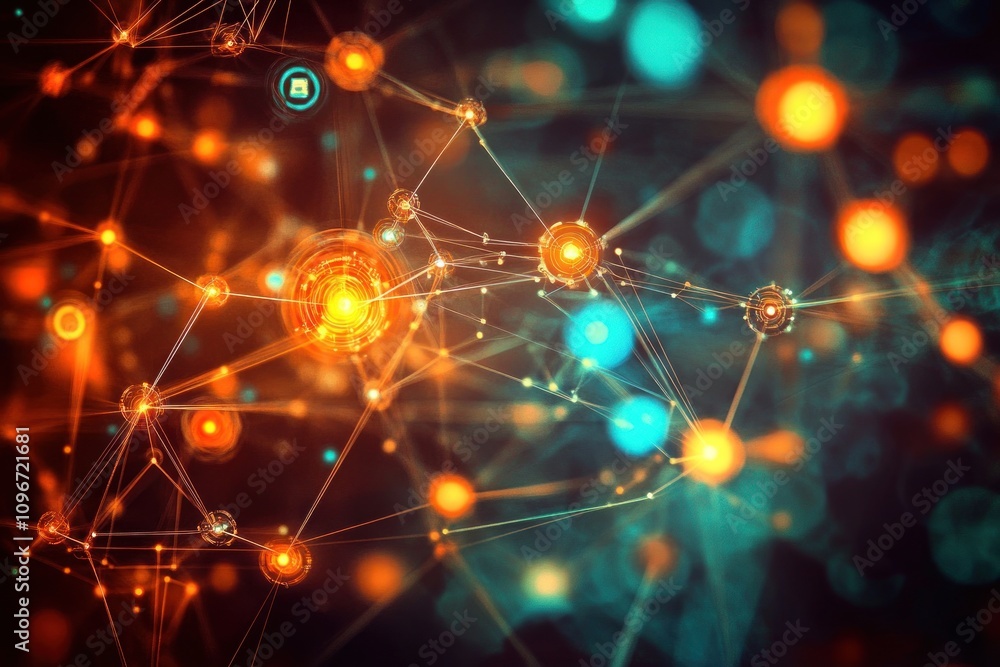 Poster abstract network of glowing nodes and connections.