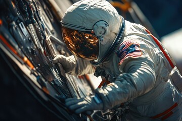 Obraz premium Astronaut fixes bicycle with specialized equipment, possibly for use on Mars or other planetary surface