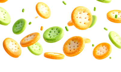 Colorful assorted crackers floating in the air isolate on transparent background, cutout, png