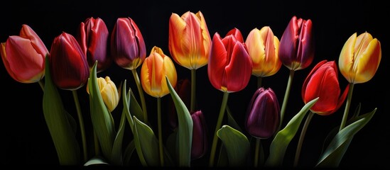 Fototapeta premium Vibrant tulips in various colors against a dark background showcasing their natural beauty and elegance in a striking floral arrangement