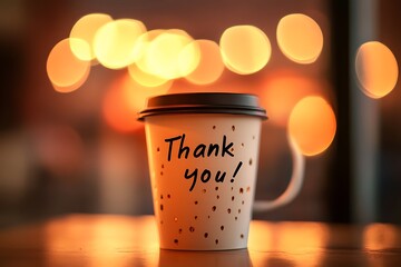 Thank you written on a coffee cup, conveying appreciation and gratitude against a soft bokeh background