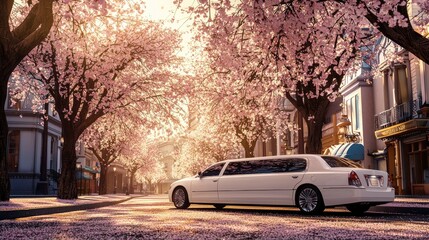 Obraz premium A sleek, white limousine parked under a canopy of cherry blossom trees during golden hour. Soft petals drift gently through the air, creating 