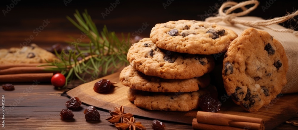 Wall mural Homemade oatmeal raisin cookies beautifully arranged on a wooden surface with festive decorations for a healthy Christmas treat