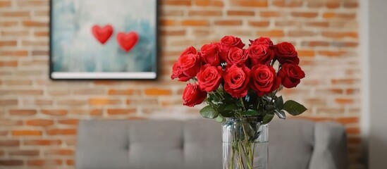 Elegant bouquet of red roses in glass vase with mockup frame on brick wall ideal for love themed greeting cards and romantic designs