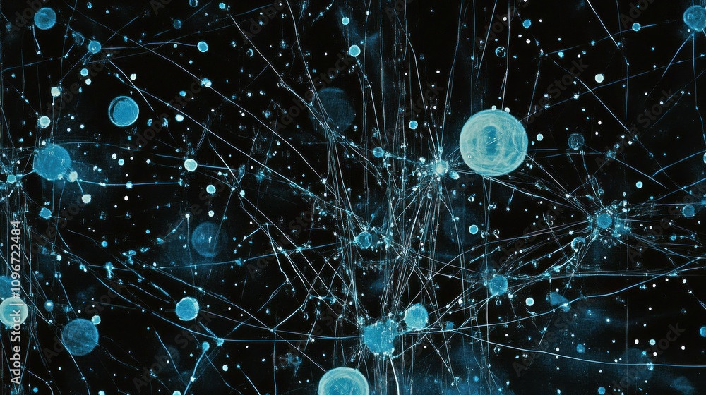 Poster abstract network of glowing nodes and connections on a black background.