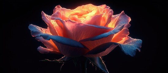 Radiant pink and yellow rose bud illuminated against a dark background showcasing intricate petals and dew drops for striking visual impact