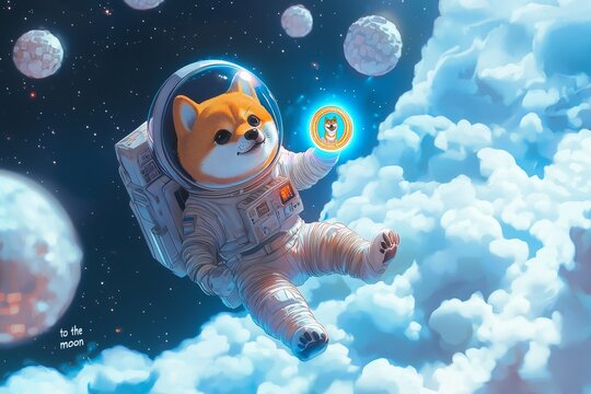 Shiba Inu Astronaut Holding Crypto Coin in Cosmic Zero Gravity. Cryptocurrency Background Ilustration.