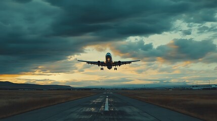 Naklejka premium An airplane is landing on a runway under a dramatic sky at sunset.