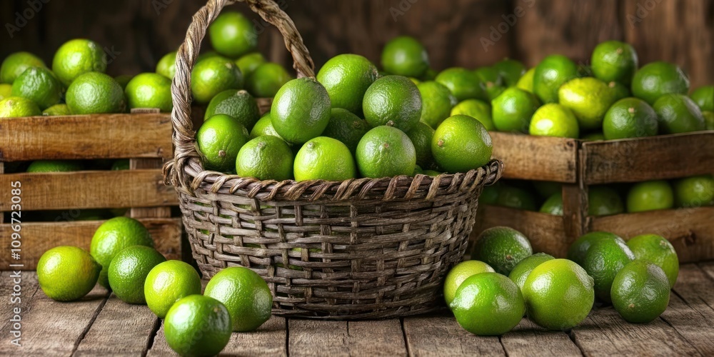Poster a rustic display of fresh limes in a woven basket and wooden crates.