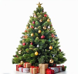 Decorative Festive Christmas tree with balls and gifts white background isolated created with Generative AI