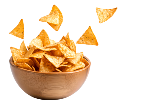 Bowl of crispy tortilla chips with some flying above isolate on transparent background, cutout, png