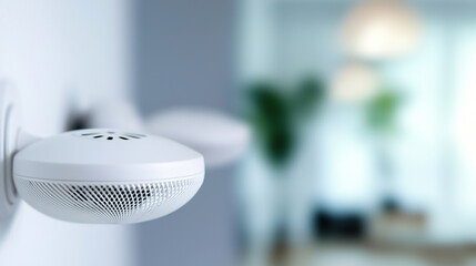 modern smoke detector is mounted on white wall in bright, blurred interior space