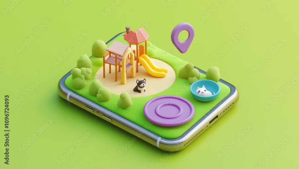 Poster A playful 3D scene of a playground on a smartphone, blending technology with leisure.