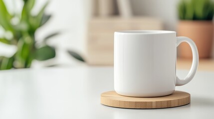 Obraz premium Cozy Coffee Break: A simple yet elegant white mug rests on a round wooden coaster, creating a tranquil and inviting scene.