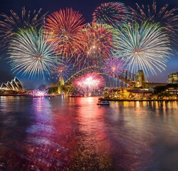 New year celebration at Sydney Harbor. Fireworks, Generative AI