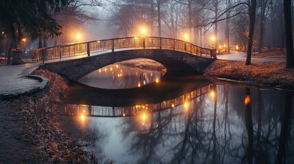 A serene bridge over a misty river, illuminated by warm streetlights in a tranquil park.