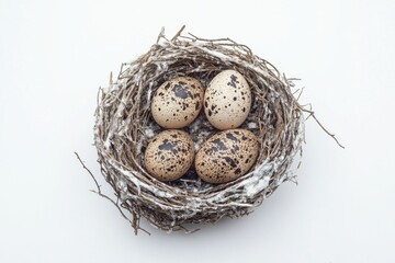 Obraz premium A nest containing four eggs placed on a table, possibly used for still life photography or as a decorative element