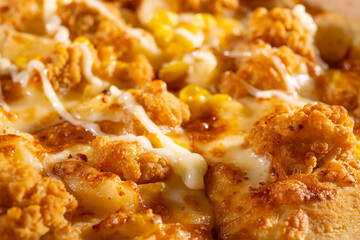 angle view fresh chicken pizza closeup