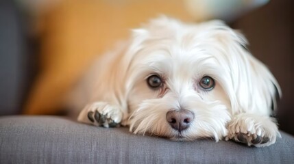 A close-up of a fluffy white dog resting on a sofa, looking curiously at the viewer.