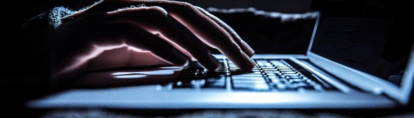 A hand typing on a laptop keyboard in a dimly lit environment.