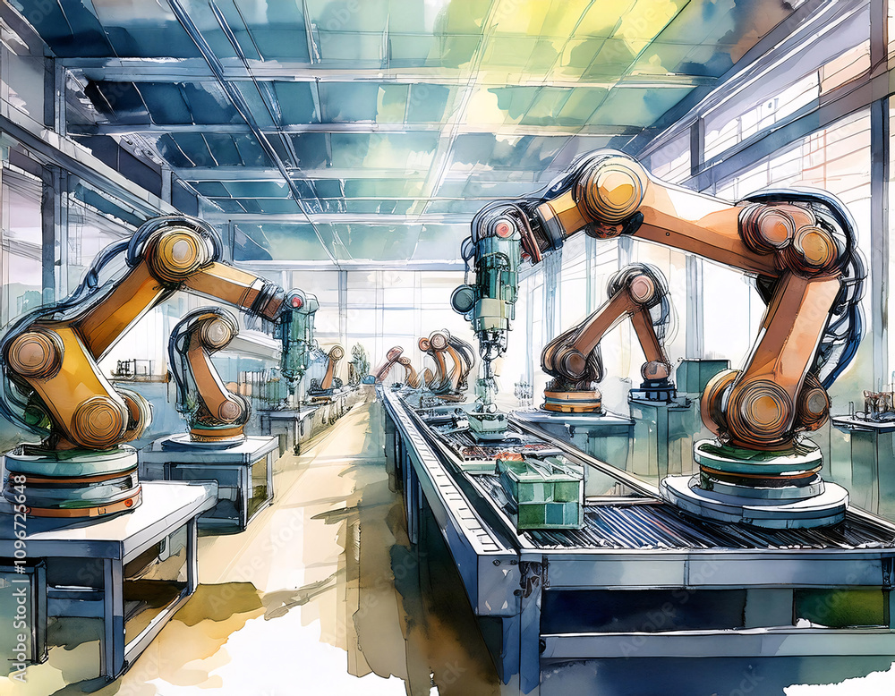 Poster a watercolor illustration of a futuristic factory with robotic arms working on an assembly line. gen