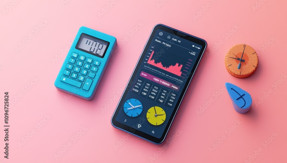 Poster A smartphone displaying data alongside a calculator and colorful clocks on a pink background.