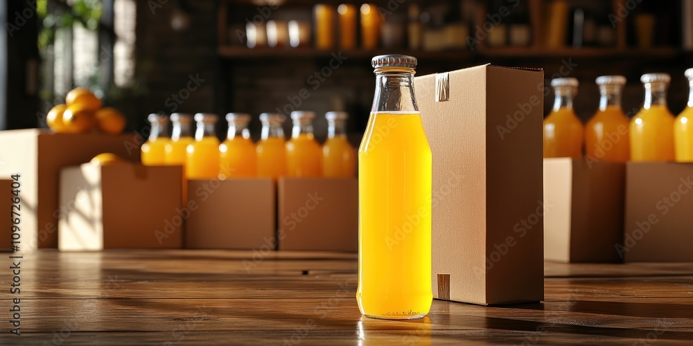 Poster a bottle of orange juice stands in front of boxes filled with more juice in a bright setting.